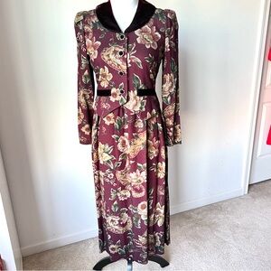 Vintage MOLLY MALLOY Petite Floral Velvet Collar Long Sleeve Dress—SZ. 4P